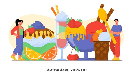 People with Ice cream. Man and woman near frozen dessert and delicacy. Sweet food for summer season. Balls of gelato with fruits. Cartoon flat vector illustration isolated on white background