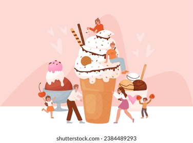 People with ice cream. Sweet cold dessert, pink and chocolate in waffle cone. Young adults, teenagers and children enjoying tasty ice creams, snugly vector scene