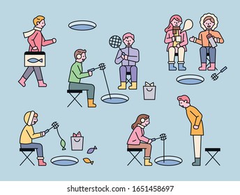 People are ice fishing. flat design style minimal vector illustration.