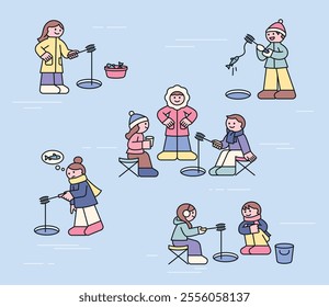 People are ice fishing on a frozen river. They drop their lines into small holes and wait. Cuttiny outline character illustration