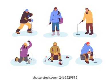People are at ice fishing set. Fishers catch fish through holes in frozen lake. Fishermans angling with rods and equipment at winter season. Flat isolated vector illustrations on white background