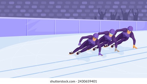 People ice skating at closed rink arena on short track distance. Winter olympic sport, sportsmen ride using skates. Competition and performance concept. Healthy lifestyle. Vector illustration