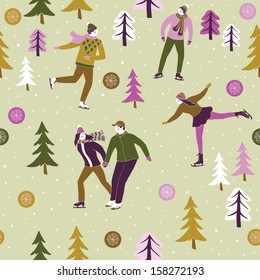 People ice skating in the forest seamless pattern