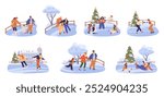 People ice skating outdoors flat vector scenes isolated on white. Families, senior couple, children, young couple, friends having fun on ice rink in the city and in the countryside.