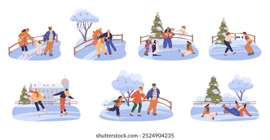 Personas de patinaje sobre hielo al aire libre Vector plano escenas aisladas en blanco. Familias, pareja mayor, niños, pareja joven, amigos que se divierten en la pista de hielo en la ciudad y en el campo.