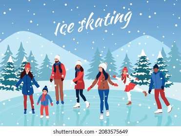 People ice skating. Winter ice rink.  Vector illustration.