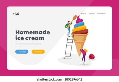People with Icecream Landing Page Template. Tiny Female Character Holding Huge Ice Cream in Waffle Cone Man on Eat with Spoon. Summer Food, Delicious Dessert, Cold Treat. Cartoon Vector Illustration