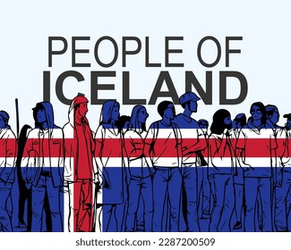 People of Iceland with flag, silhouette of many people, banner of diversity or protest in Iceland, group of person, society and audience concept, gathering idea