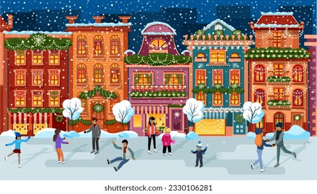 People at ice-skating outdoor rink merry christmas new year winter holidays concept modern city street with decorated fir tree cityscape background. Winter season activity and entertainment