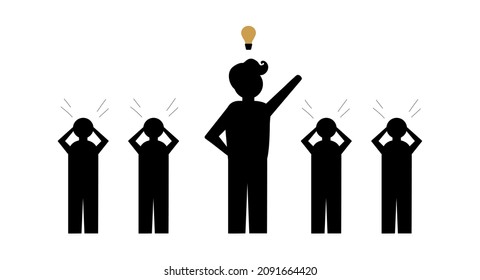 People Icon. Black And White Style. People Have Anxiety And Do Not Know How To Get Out Of The Situation And The Leader Comes Up With An Idea To Save Everyone. Stock Vector Illustration. White.