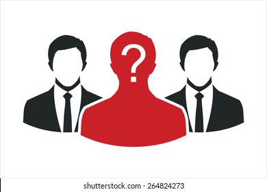 People icon and blank area for some person with question mark symbol. Group of business people with leader on foreground. Vector illustration.