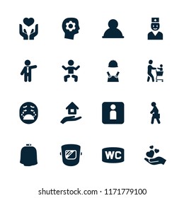 People icon. collection of 16 people filled icons such as baby, businessman, user, hand holding heart, man with case. editable people icons for web and mobile.