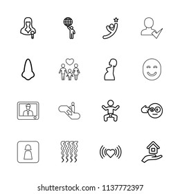 People icon. collection of 16 people outline icons such as baby, nose, heart, head bang emot, woman speaker, pregnant woman. editable people icons for web and mobile.