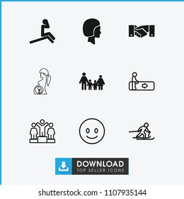 People icon. collection of 9 people filled and outline icons such as family, face, escalator, ranking, man doing exercises. editable people icons for web and mobile.