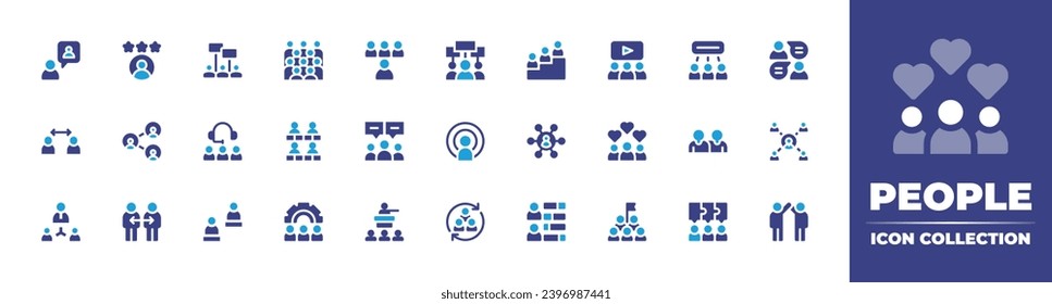 People icon collection. Duotone color. Vector and transparent illustration. Containing story, demostration, team, progress, networking, rating, voters, demonstration, viral marketing, chat, safety.