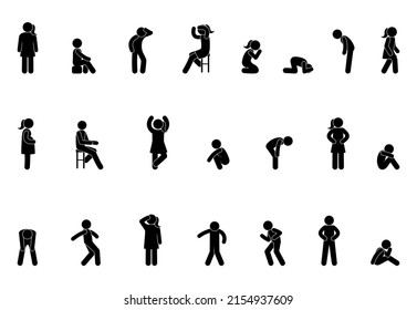people icon collection, isolated human silhouettes, man and woman illustration, person running, standing, sitting