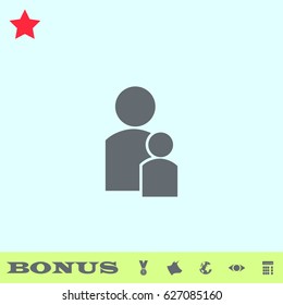 People icon flat. Grey pictogram on blue background. Vector illustration symbol and bonus buttons medal, cow, earth, eye, calculator