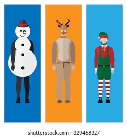 People Icon In Flat style Christmas Set ( Snowman, Elf boy, Elf girl, Reindeer )