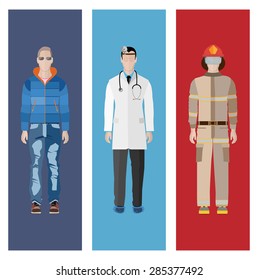 People Icon In Flat style, with Clothes and Icons ( 3 People )