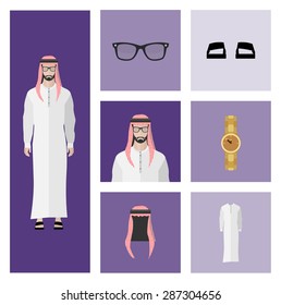 People Icon In Flat style, with Clothes and Icons ( Arab man )