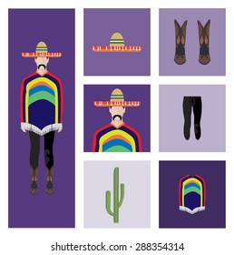 People Icon In Flat style, with Clothes and Icons ( mexican man ) 