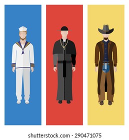 People Icon In Flat style, with Clothes and Icons ( 3 People )