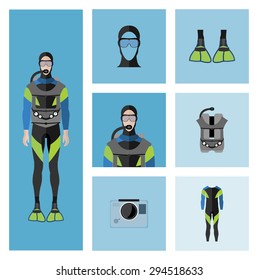 People Icon In Flat style, with Clothes and Icons ( Scuba Diver )