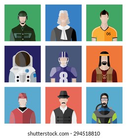 People Icon In Flat style, with Clothes and Icons ( 9 People )