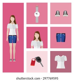 People Icon In Flat style, with Clothes and Icons ( Woman )