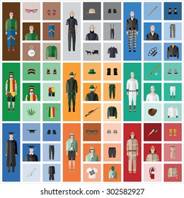 People Icon In Flat style, with Clothes and Icons ( 9 People set )