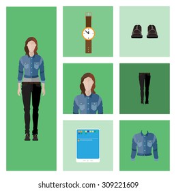 People Icon In Flat style, with Clothes and Icons ( Woman )