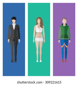 People Icon In Flat style, with Clothes and Icons ( 3 People )
