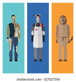 People Icon In Flat style Halloween Set ( Zombie Butcher Lion )