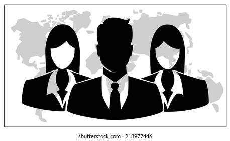 People icon, Group of business people with leader on foreground and map on background