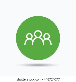 People icon. Group of humans sign. Team work symbol. Flat web button with icon on white background. Green round pressbutton with shadow. Vector