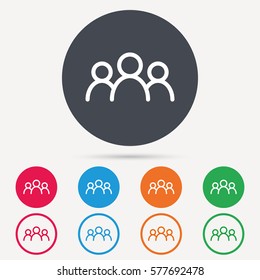 People icon. Group of humans sign. Team work symbol. Round circle buttons. Colored flat web icons. Vector