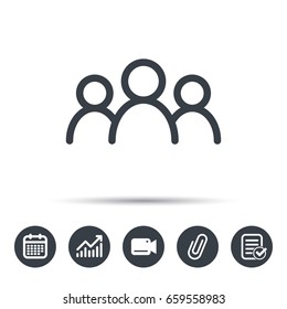 People Icon. Group Of Humans Sign. Team Work Symbol. Calendar, Chart And Checklist Signs. Video Camera And Attach Clip Web Icons. Vector