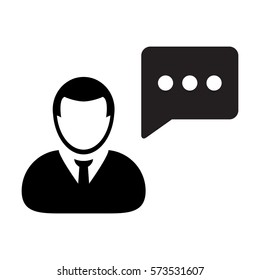 People icon male person profile avatar with speech bubble symbol for discussion and information in flat color glyph pictogram illustration