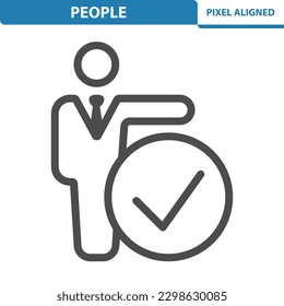People Icon. Man, Button, Checkmark, Election, Politician, Vote, Job Recruitment, Human Resources. Professional, pixel perfect vector icon.