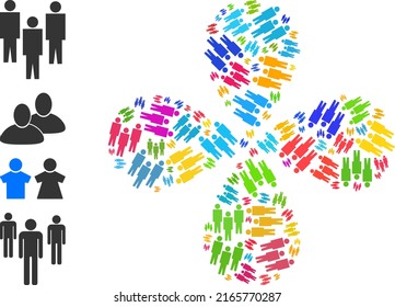 People Icon Multi Colored Swirl Flower Cluster Composition. Object Burst Composed From Random People Icons. Vector Flower Icon Collage In Flat Style.