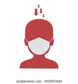 People Icon In Red Body Wear A Mask With Down Arrow Represented Of Decrease Immunity. Vector Illustration Of People On Decreased Immune. 