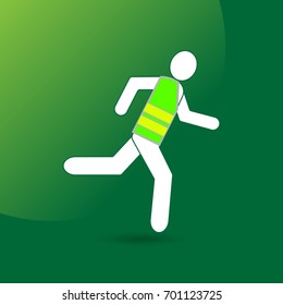 People icon running in life jacket. Man silhouette with green reflective vest isolated on green background. EPS10 vector illustration for poster, template, icon, banner, print, infographic.