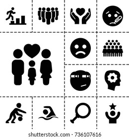 People icon. set of 13 filled people icons such as gear in head, group, sick emot, rolling eyes emoji, hands holding heart, family, swimming, basketball player, man going up