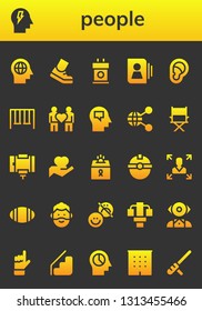 people icon set. 26 filled people icons.  Collection Of - Mind, Running, Tribune, Contact, Ear, Swings, Couple, Share, Director, Selfie stick, Hand, Donation, Worker, Decision making