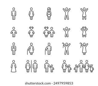 People, Icon Set. Adults, Elderly, and Children. Man, Woman, Boy, Girl, Grandmother with Cane, Grandfather with Cane, Family. Line with editable stroke