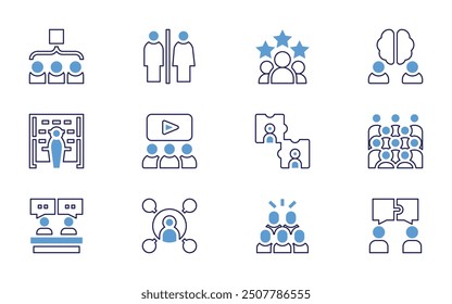 Menschen-Symbolsatz. Fette Linienart. Duotonfarben. Bearbeitbarer Strich. Training, Team, Standort, Netzwerk, Treffen, Wähler, Teamwork, Gehirn, Protest, Bewertung.