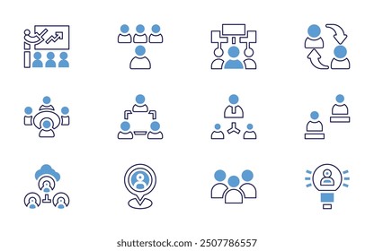 Conjunto de iconos de Personas. Estilo de línea en negrita. Colores duotónicos. Equipo, ubicación, usuarios, redes, idea, reunión, votantes, trabajo en equipo, protesta.