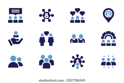 People icon set. Bold style. Duotone colors. placeholder, group, teamwork, friendship, gear, couple, fans, population, customer, networking.