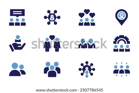 People icon set. Bold style. Duotone colors. placeholder, group, teamwork, friendship, gear, couple, fans, population, customer, networking.