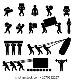 People Icon Set. People Carrying And Lifting Heavy Load. Vector.